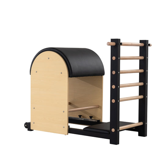 Wooden exercise machine with black accents on a white background