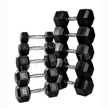 Load image into Gallery viewer, Premium Rubber Hex Dumbbell (5 - 50LB) &amp; Rack Combo
